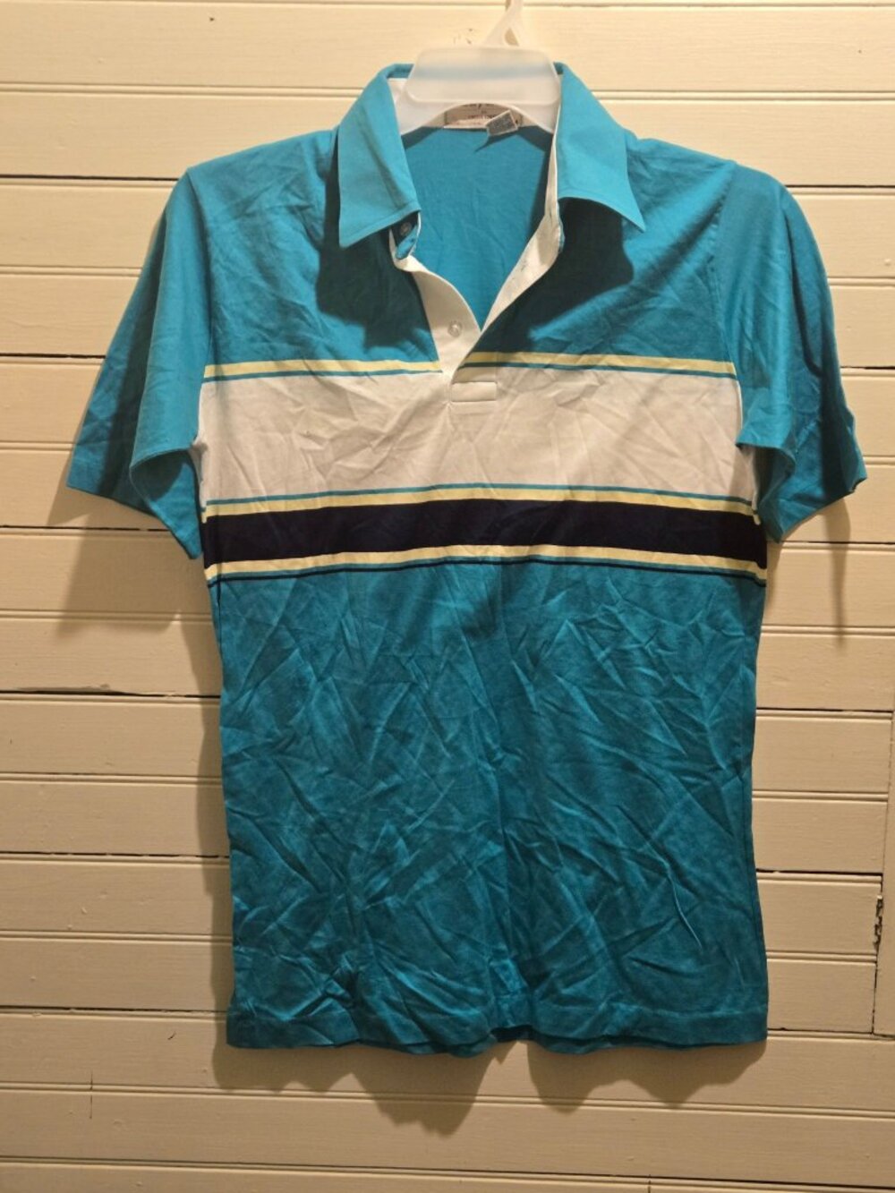 Country Cottons Polo Shirt Mens M Turquoise Striped Short Sleeve Cotton Vintage
